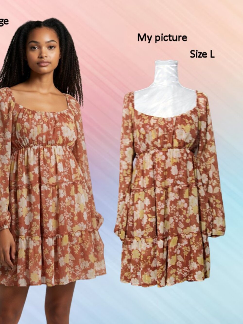 Trixxi size L womens mini dress smoked tiered long sleeves color rust euc